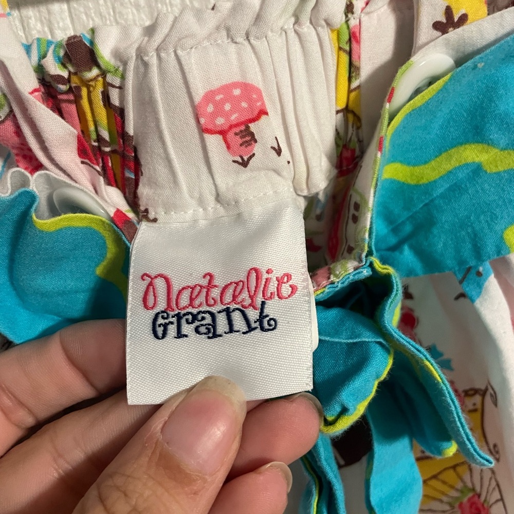 Natalie Grant White Ruffle Romper with Pink & Blue Playful Print 0-3 mo - Picture 3 of 5
